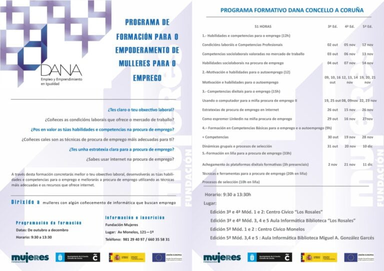 Próximas datas do programa DANA: Emprego e Emprendemento en Igualdade en A Coruña