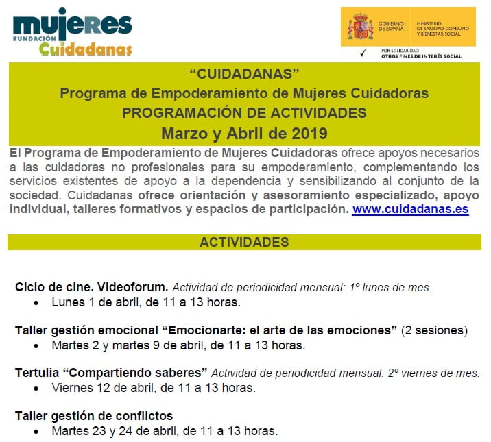 Nueva programación de las actividades del servicio Cuidadanas Madrid en el mes de abril