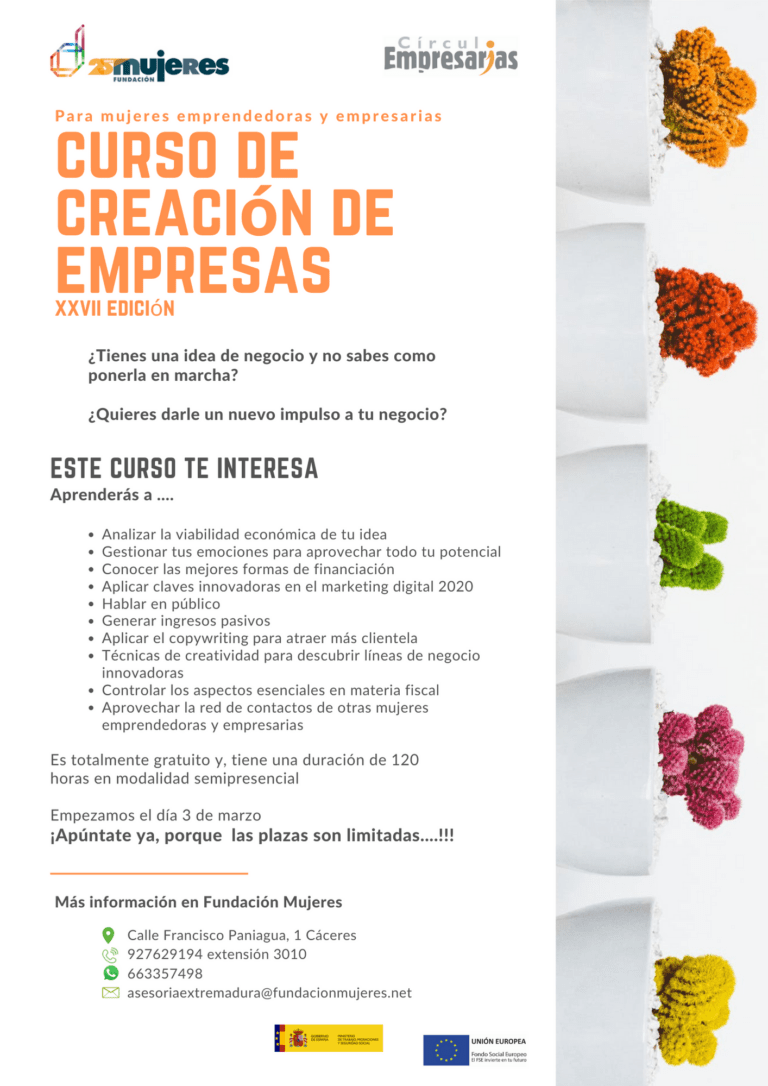 Abierto el plazo de inscripción a la XXVII Edición del Curso de Creación y Consolidación de Empresas de Fundación Mujeres en Extremadura