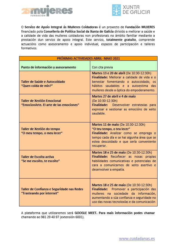 Aberta unha nova convocatoria de accións formativas do Servizo de Apoio ás Mulleres Coidadoras (SAIC)