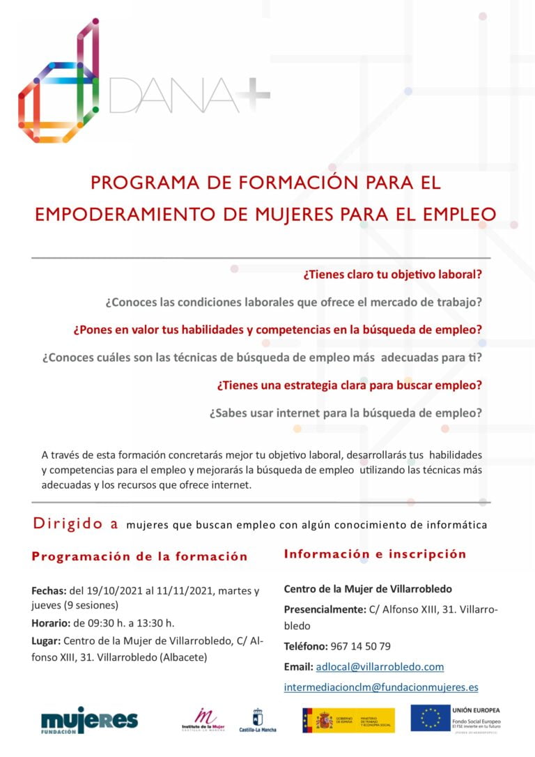 Curso presencial: Programa de Formación para el Empoderamiento de mujeres para el empleo en Villarrobledo (Albacete)