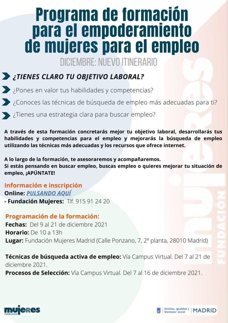 Itinerario presencial: Programa de Empoderamiento de Mujeres para el empleo de Madrid