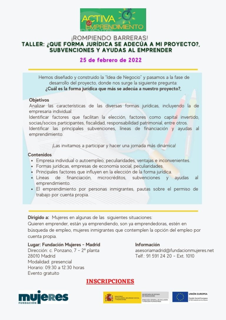 ¡Rompiendo barreras! Taller: ¿Qué forma jurídica se adecúa a mi proyecto?, subvenciones y ayudas al emprender