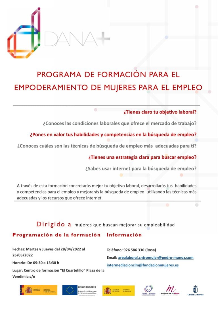 Curso presencial: Programa de Formación para el Empoderamiento de mujeres para el empleo en Pedro Muñoz (Ciudad Real)